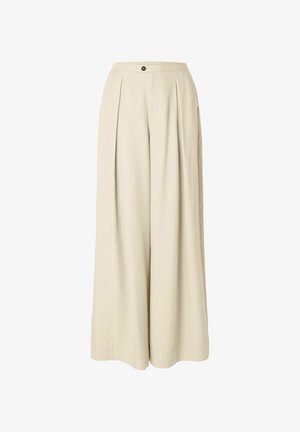 Beige brede benbukser med høj talje, foran folder og knaplukning. Stoffet har en glat tekstur med et let udseende.