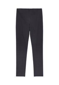Black slim-fit ankle-length trousers with a flat waistband, displayed against a white background.