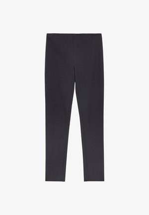 Black slim-fit ankle-length trousers with a flat waistband, displayed against a white background.