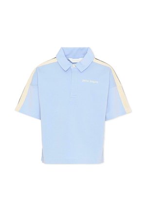 Lichtblauw poloshirt met korte mouwen, beige schouderstrepen en het "Palm Angels"-logo op de linkerborst, kraag met knopen.