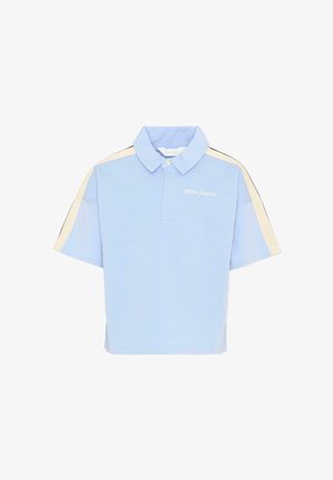 Polo a maniche corte azzurro chiaro con strisce beige sulle spalle e logo "Palm Angels" sul petto a sinistra, colletto con bottoni.