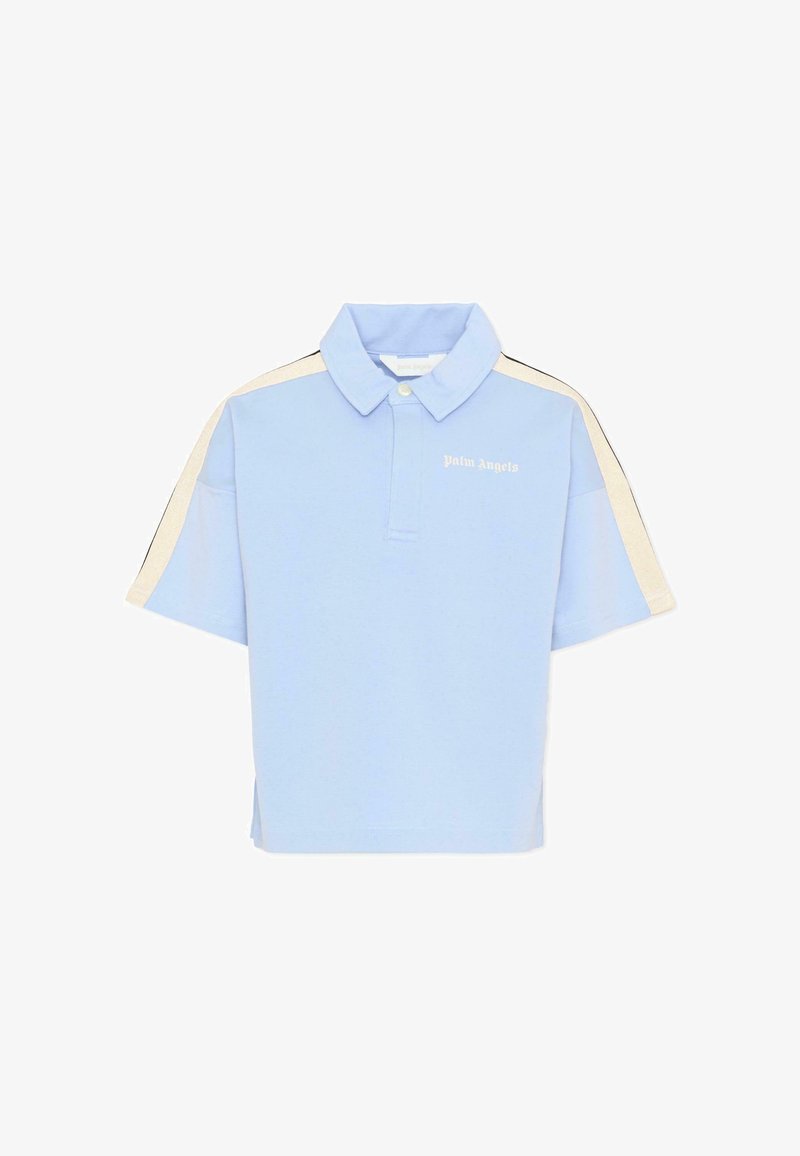 Polo à manches courtes bleu clair avec des rayures beiges sur les épaules et le logo "Palm Angels" sur la poitrine gauche, col à boutons.