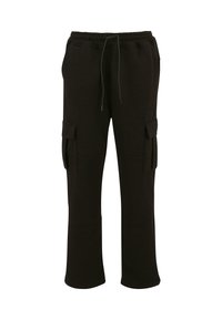Pantaloni de trening negri dintr-un amestec moale de bumbac, cu un talie regulabilă cu șnur, două buzunare laterale și o croială lejeră cu picioare drepte.