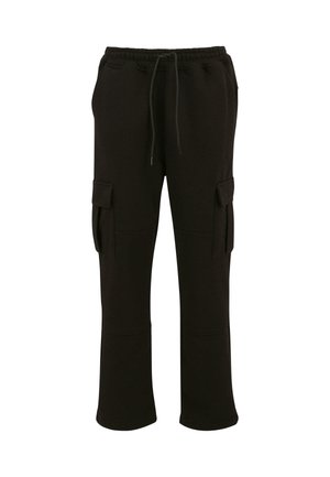 Pantalones de chándal negros, confeccionados en una suave mezcla de algodón, que cuentan con una cintura con cordón, dos bolsillos de carga laterales y un corte relajado con piernas rectas.