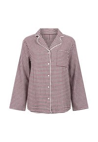 Bordeaux en wit geblokt overhemd met lange mouwen, een kraag, en afgewerkt met piping langs de voorkant en manchetten. Van katoen.