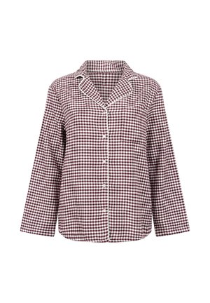 Bordeaux en wit geblokt overhemd met lange mouwen, een kraag, en afgewerkt met piping langs de voorkant en manchetten. Van katoen.