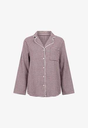 Burgunderrot-weiß karierter Langarmhemd mit Kragen, Knopfverschluss und Paspelierungen entlang der Vorderseite und an den Ärmelbündchen. Aus Baumwollmaterial.