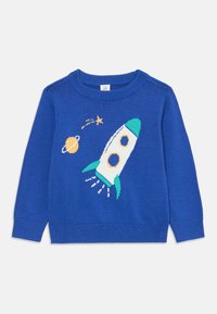 Blauwe gebreide trui met een ronde halslijn, met een raket en planeet ontwerp in levendige kleuren. Soepele textuur en geribde manchetten.