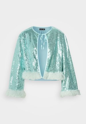 Veste cropped vert menthe avec un extérieur en sequins, des poignets en fausse fourrure, et une fermeture à nouer au cou. Doublure intérieure lisse.