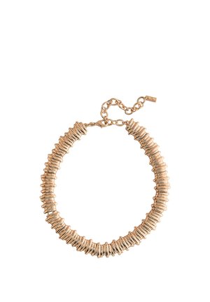 Gold-tone metal necklace with a series of ribbed, textured links and an adjustable chain closure. Features shiny and smooth surfaces.
