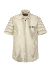 Camicia a maniche corte in tessuto crema con righe verticali nere, dotata di colletto con zip e stampa sul petto sinistro che recita "EAST COAST."