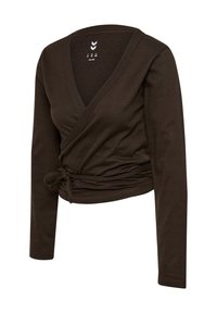 Ciemnobrązowy sweter z długim rękawem, kopertowy, z głębokim dekoltem w kształcie litery V i wiązaniem z boku.