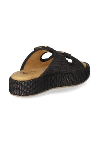 Sandales à plateforme tissées noires avec un design à bout ouvert et un détail découpé. La semelle en caoutchouc et la semelle intérieure rembourrée offrent confort et soutien.
