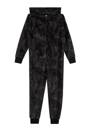 Mono con capucha teñido anudado en negro y gris oscuro, con cremallera frontal, bolsillo canguro y puños acanalados negros en las mangas y los tobillos.