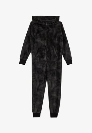 Czarny i ciemnoszary kombinezon z kapturem w stylu tie-dye, z zamkiem z przodu, kieszenią kangurzą i czarnymi prążkowanymi ściągaczami na rękawach i nogawkach.