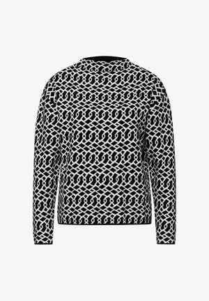 Strickpullover mit einem schwarz-weißen geometrischen Muster, Rundhalsausschnitt und langen Ärmeln. Der Stoff hat eine glatte Textur mit einem strukturierten Design.