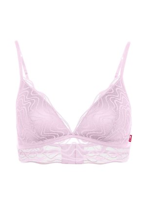 Lichtroze doorschijnende kanten bralette met dunne verstelbare bandjes en golfpatroon, voorzien van een delicate meshband aan de onderkant.