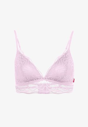 Lichtroze doorschijnende kanten bralette met dunne verstelbare bandjes en golfpatroon, voorzien van een delicate meshband aan de onderkant.