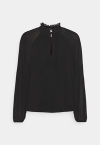 Sort bluse med lange, gennemsigtige ærmer, en flæset høj krave og en nøglehulsåbning foran. Letvægtsstof med glat tekstur.