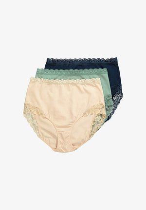 Trzy pary damskich majtek typu high-waisted w kolorze beżowym, zielonym i granatowym, z koronkowym zdobieniem w kwiaty wzdłuż pasa i otworów na nogi.