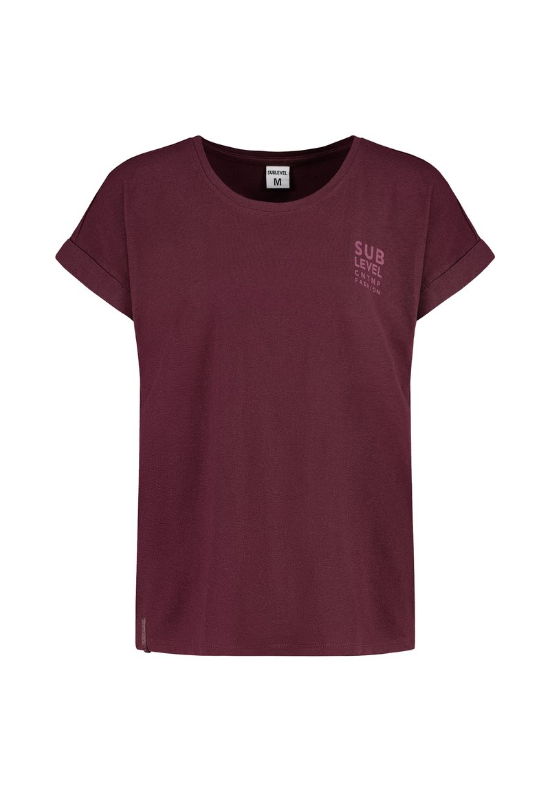 Burgundy short-sleeve t-shirt made of soft fabric, featuring rolled cuffs and a small "SUB LEVEL" logo on the left chest.