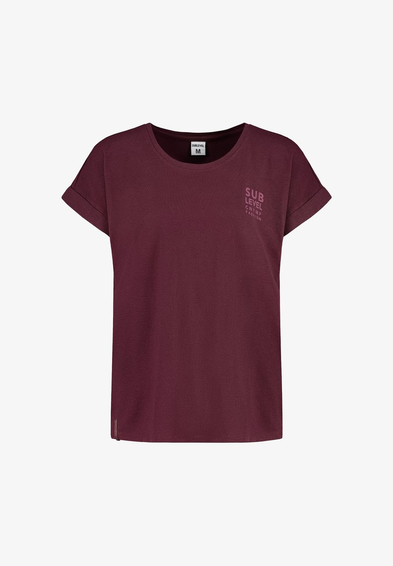 Burgundy short-sleeve t-shirt made of soft fabric, featuring rolled cuffs and a small "SUB LEVEL" logo on the left chest.