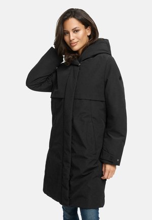 Manteau d'hiver noir avec capuche, doté d'une fermeture à boutons, de poches avant et d'une coupe décontractée. Fabriqué en matériau lisse et résistant à l'eau.