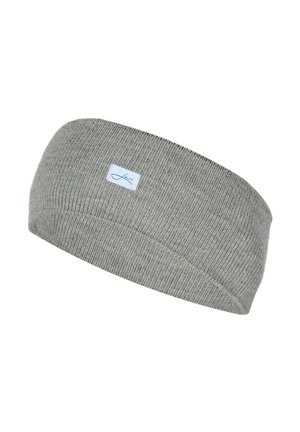 Graue Strickhaarband aus weichem Material, mit glatter Textur und einem kleinen Logo-Patch. Es hat ein verlängertes, umschlagendes Design.