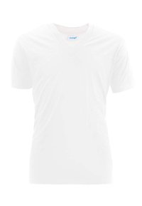 T-shirt bianco a maniche corte con scollatura a V realizzato in morbido cotone, con una texture minima e un design leggero. Presenta un'etichetta sul colletto.