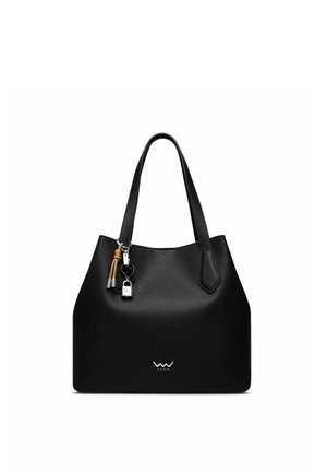 Schwarze Ledertasche im Tote-Stil mit doppelten Trägern, kleinem silbernem Schloss und Herzanhänger sowie VUCH-Logo vorne in der Mitte.