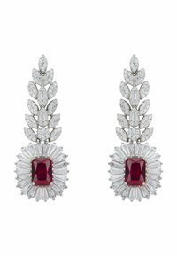 Red gemstone earrings with a radiant cut, surrounded by baguette and round cut diamonds. Silver metal settings feature leaf-like accents.