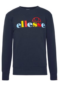 Felpa navy con maniche lunghe, scollatura rotonda e logo "ellesse" colorato con lettere rosse, blu e gialle e un accento rosso.