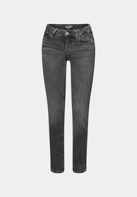 Jean slim en denim gris foncé avec fermeture avant par boutons et fermeture éclair, passants pour ceinture, poches avant et arrière.