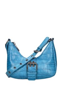 Krokodillenleer-embossed blauwe handtas met een gebogen vorm, verstelbare schouderband en metalen sluiting. Glad oppervlak met decoratieve hardware.