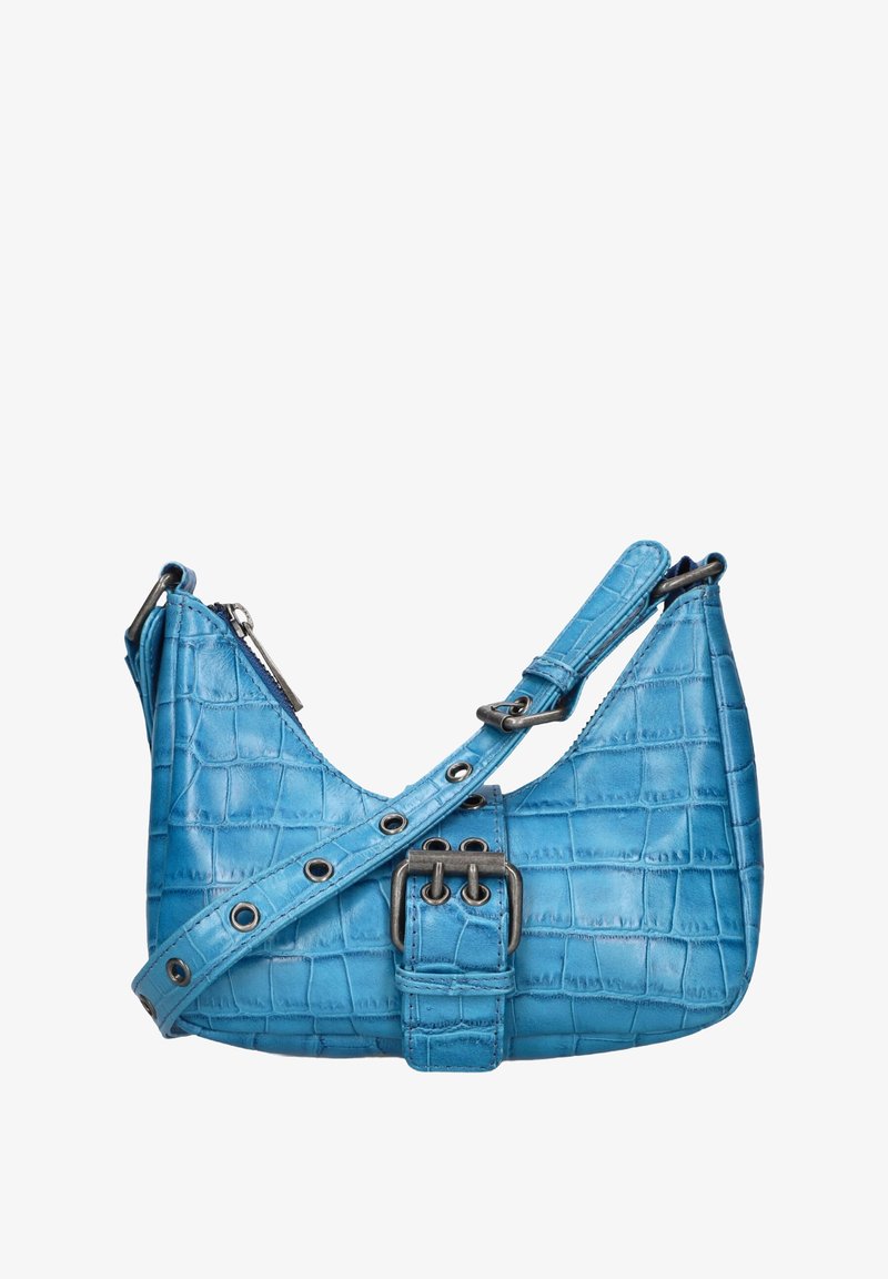 Krokodilprägung in Blau auf einer handlichen Tasche mit geschwungener Form, verstellbarem Riemen und metallischem Schnallen-Detail. Glatte Textur mit dekorativer Hardware.