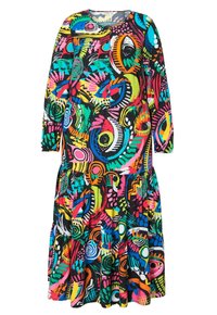 Mehrfarbiges Kleid mit langen Ärmeln, lebhaften abstrakten Mustern in Pink, Grün, Blau und Gelb, mit einem Rüschensaum und einem runden Ausschnitt.
