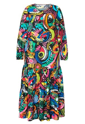 Mehrfarbiges Kleid mit langen Ärmeln, lebhaften abstrakten Mustern in Pink, Grün, Blau und Gelb, mit einem Rüschensaum und einem runden Ausschnitt.