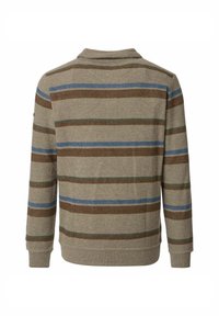 Braun und beige gestreifter Pullover mit blauen und grünen Akzenten. Verfügt über einen Kragen, lange Ärmel und gerippte Bündchen sowie Saum.
