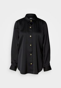 Camisa preta de botão, feita de tecido suave, com colarinho e mangas longas, apresentando botões dourados à frente.