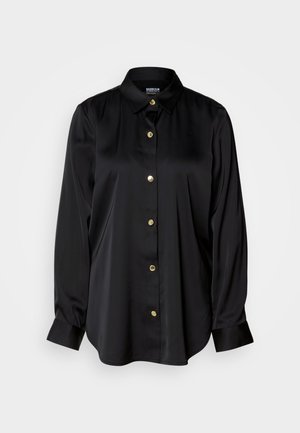Black button-up shirt made of smooth fabric, featuring a collar and long sleeves, with gold buttons down the front.
