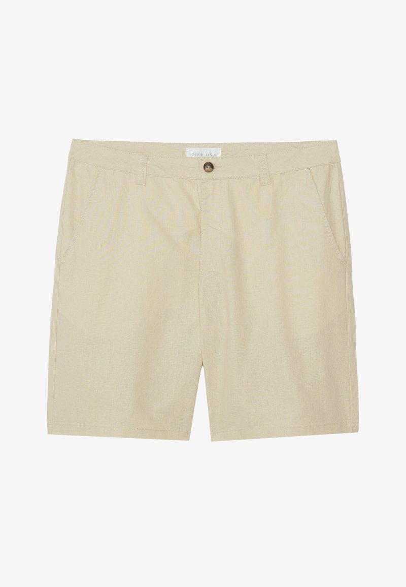 Beżowe szorty wykonane z lekkiej tkaniny, z płaskim przodem, kieszeniami bocznymi i pojedynczym zapięciem na guzik w talii.
