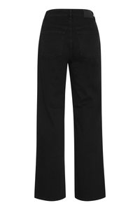 Zwarte wide-leg jeans met een achteraanzicht, voorzien van twee achterzakken en een gladde denimtextuur. De tailleband heeft een label aan de achterkant.