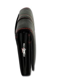 Black clutch wallet with textured material, red stitching, multiple compartments, and a silver charm pendant featuring a silhouette design.