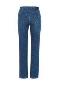 Jean en denim bleu foncé avec une coupe droite. Caractéristiques : deux poches arrière et une étiquette en cuir sur la ceinture. Texture lisse, sans ornements visibles.