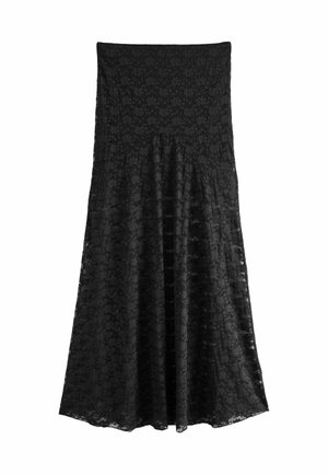 Vestido negro de encaje con parte superior ajustada y dobladillo acampanado, con textura floral y acabado suave. Sin cierres visibles ni patrones.