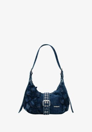 Mørkeblå denim skuldertaske med blomsterapplikationer, sølvspænde på remmen og "Desigual"-logo foran.