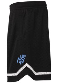 Black athletic shorts made of mesh fabric, featuring a blue logo and white zigzag accents near the hem. Includes a side pocket.