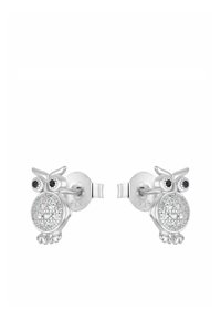 Pendientes de oro en forma de búho de plata con un cuerpo texturizado, adornos brillantes y ojos de piedra negra. Marcados con el sello 925.