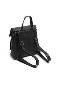 Black leather backpack with rolled top, adjustable straps, front zipper pocket, and textured finish. Sturdy construction and practical design.