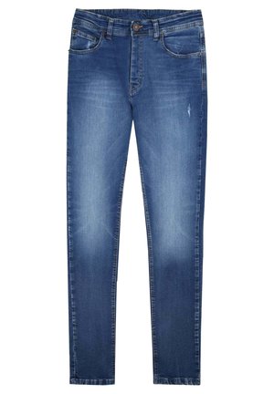 Blaue Slim-Fit-Jeans mit leichter Verfärbung und einem kleinen Used-Detail am vorderen rechten Oberschenkel, ausgestattet mit Vorder- und Gesäßtaschen sowie einem Knopfverschluss.
